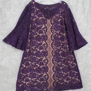 Lane Bryant 20W Eggplant Lace Dress with tan liner and 3/4 bell sleeves.